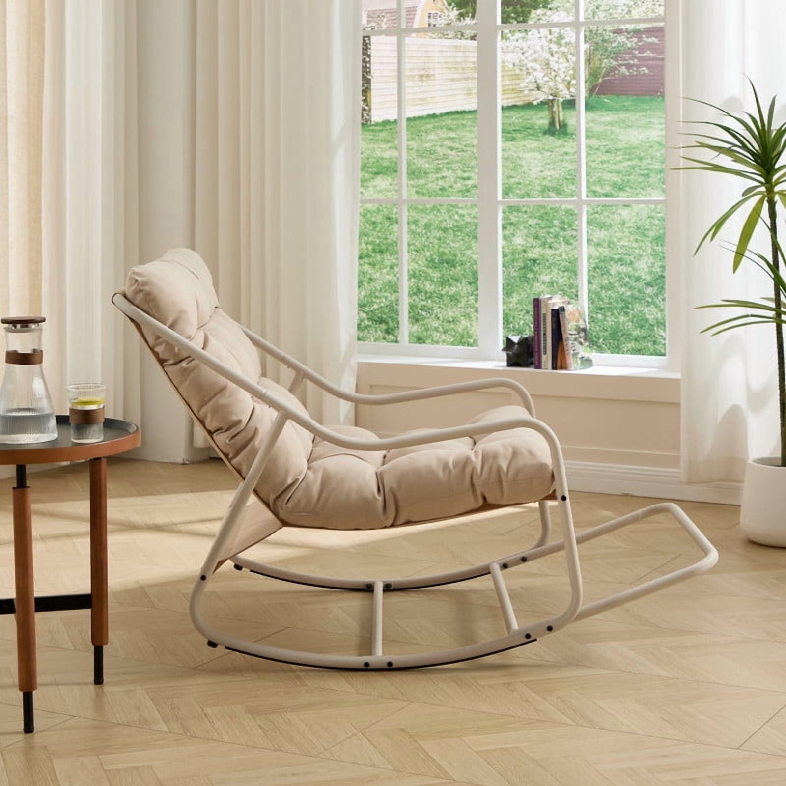 Howcool Patio Rocking Chair with Footrest & Cushion, Curved-Arm Glider Rocking Chair, Indoor Accent Chair