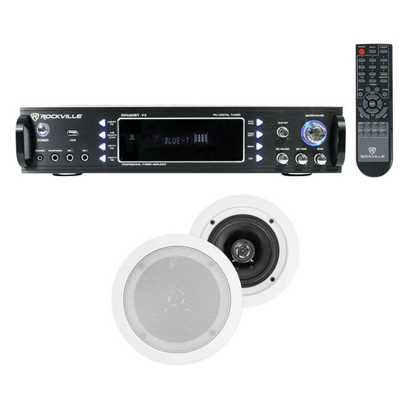 Rockville Home Theater Bluetooth Receiver (2) 5.25" White In-Ceiling Speakers