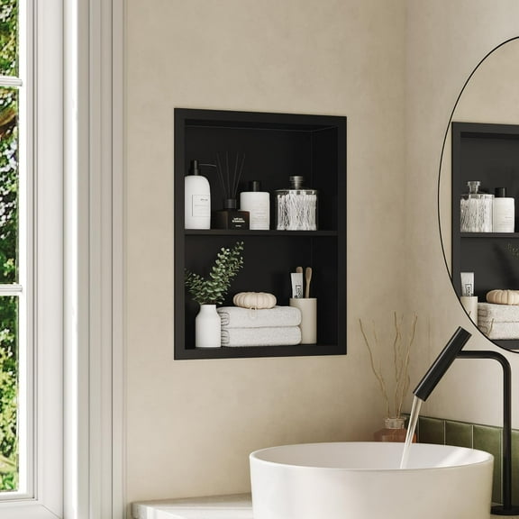 14x18 Medicine Cabinet Recessed, Medicine Cabinet Without Mirror, 304 Stainless Steel Medicine Wall Niche with Double Shelves, Matte Black