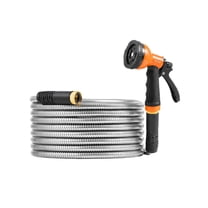 25ft Stainless Steel Water Hose - Heavy Duty Rust-Proof Garden Hose with 10-Function Spray Nozzle, Flexible for Yard Cleaning