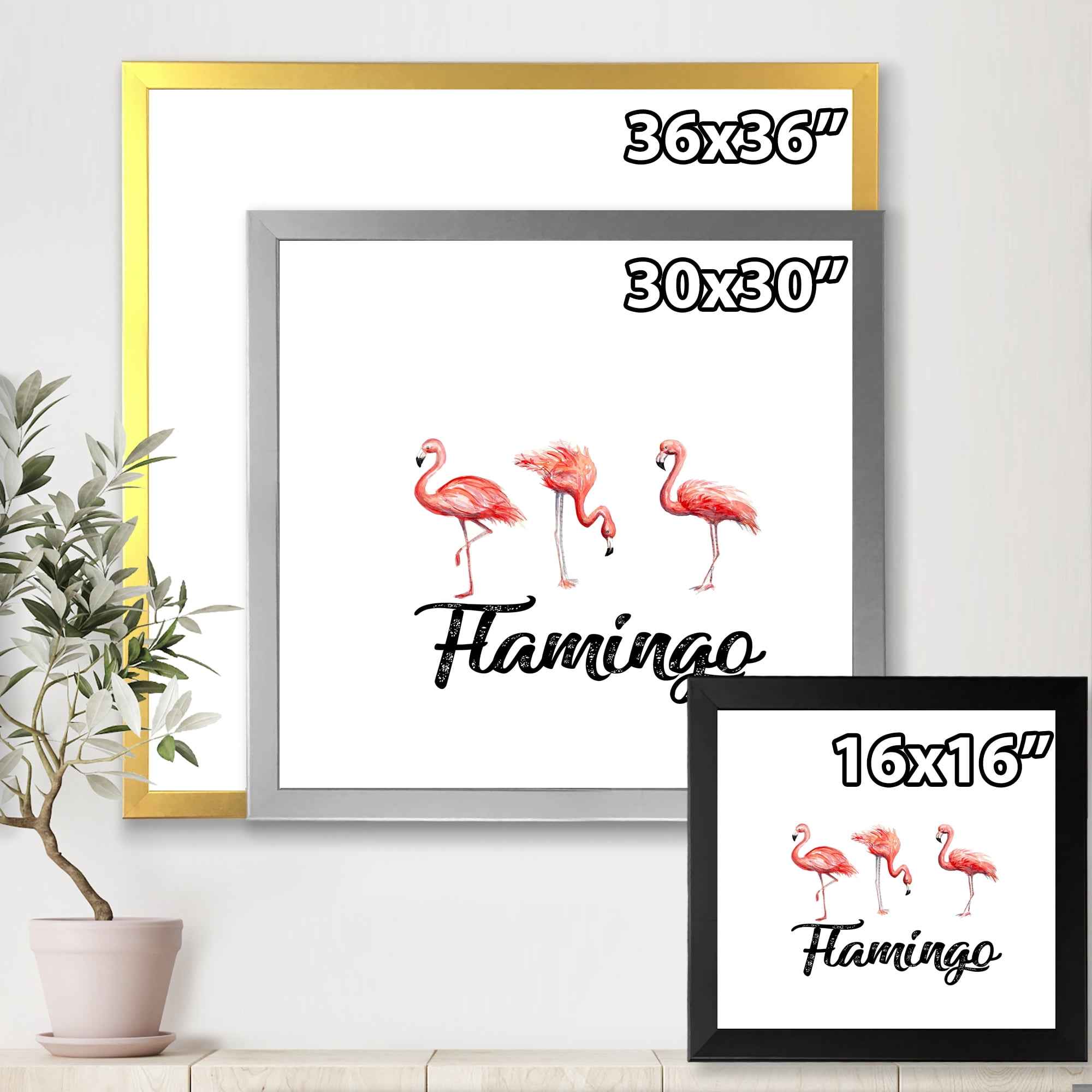 Designart 'Three Flamingos On White' Farmhouse Framed Art Print