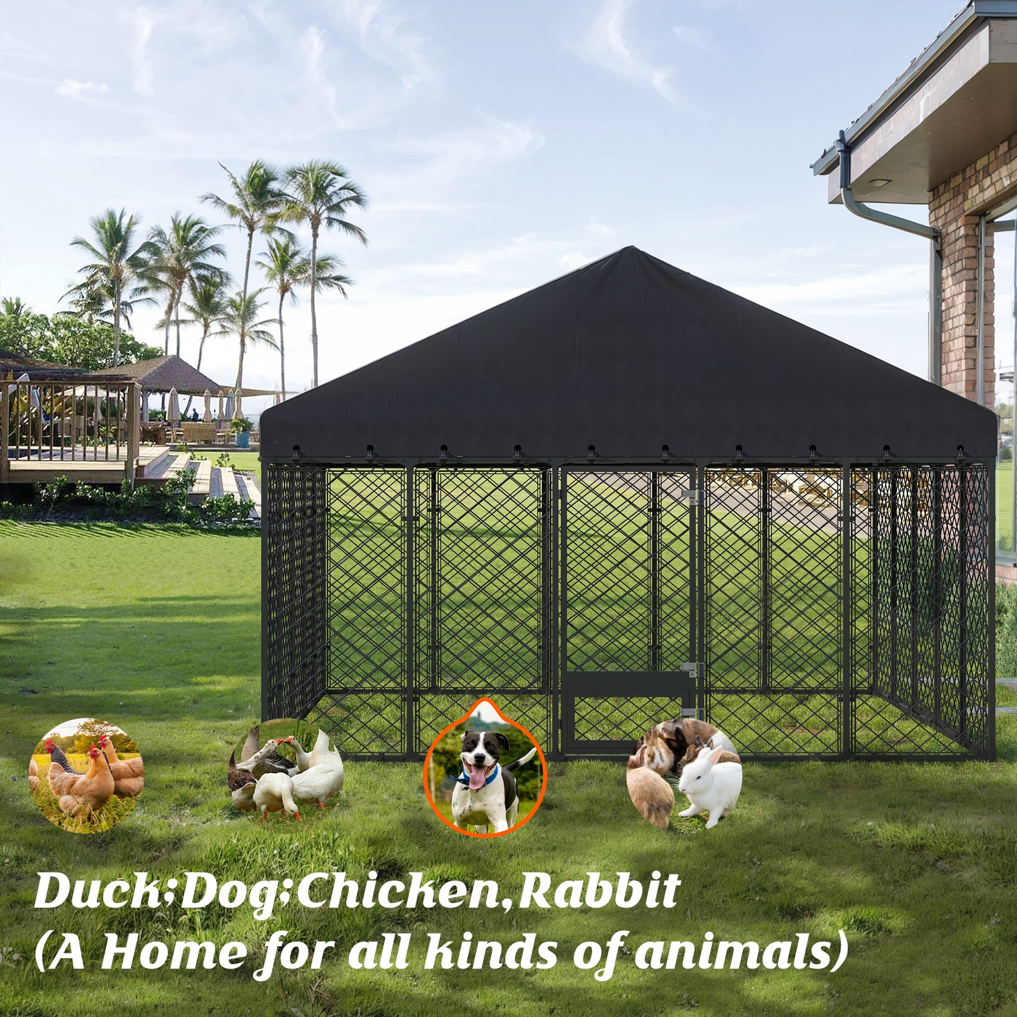 10×10 ft Heavy-Duty Outdoor Dog Kennel with Roof, Weather-Resistant Metal Enclosure with Double-Lock Door