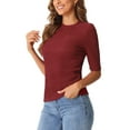 thumbnail image 4 of INSPIRE CHIC Crew Neck Top for Women's Ruched Half Sleeve Basic Casual Blouse Tops M Dark Red, 4 of 6