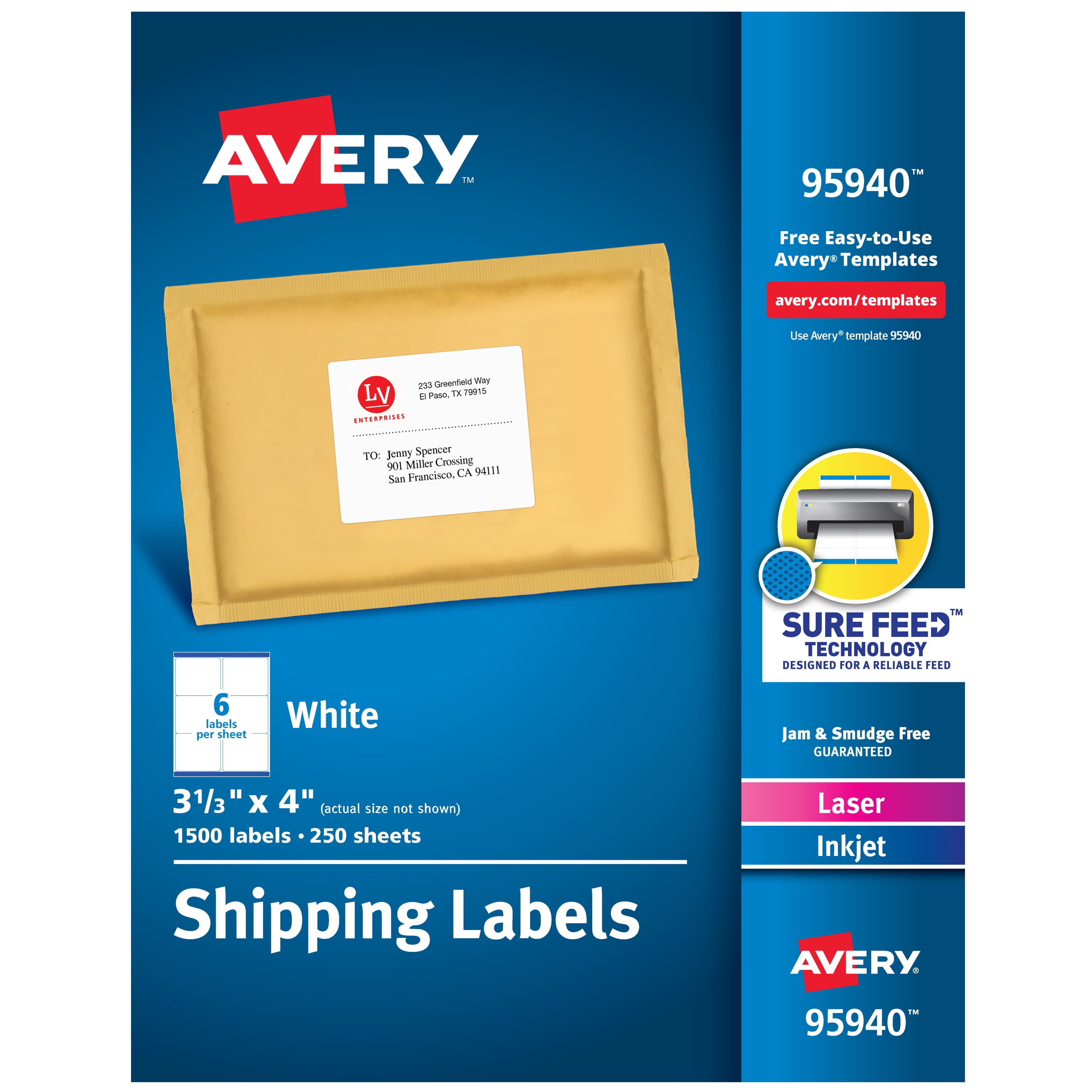 Avery Shipping Labels Sure Feed 3 1 3 X 4 1 500 Labels 95940 