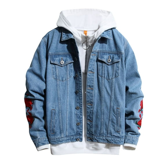 IROINNID Men's Denim Jacket Turndown Lapel Long Sleeve Solid Color Leisure Fall/Winter Plus Size Fashion Jacket