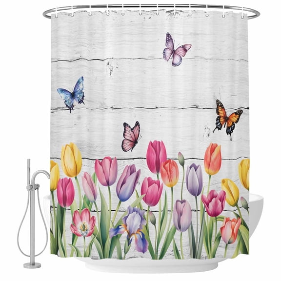 Tulips Spring Floral Shower Curtain Set - Small 36" x 72" Washable Bathtub Curtain with 12 Hooks, Pastoral Flowers Butterfly Wooden Waterproof Fabric Stall Shower Curtains for Bathroom/Bathtub Décor