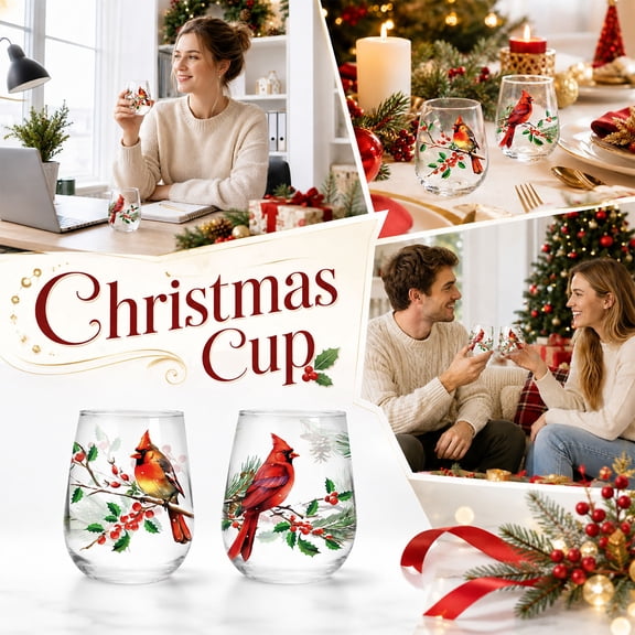 1 Pcs Christmas Stemless Wine Glasses 17oz Red Cardinal Bird Berry Drinking Glasses Xmas Winter Tumbler Cups for Home Office Party Supplies