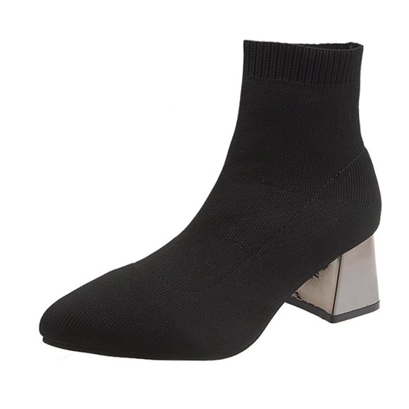 Women Stretch Socks Boots Ankle Bare Boot Square Heel Casual Short Tube Booties