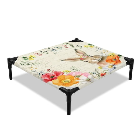 Easter Rabbit Elevated Dog Bed Spring Red Orange Pink Floral Leaf Plant Newspaper Texture Cooling Breathable Outdoor Raised Dog Cot Bed with Metal Frame Non-Slip Feet for Small Dog 20x20in