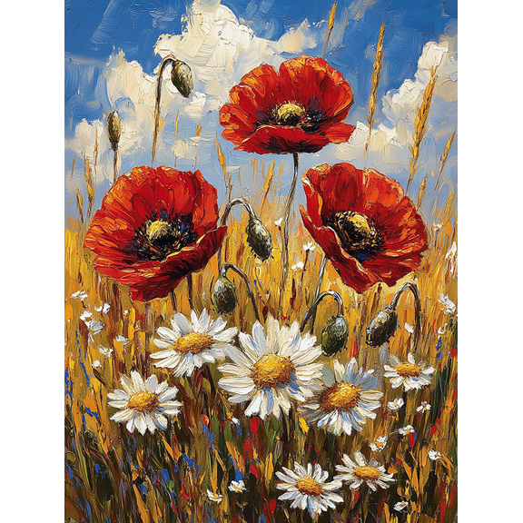 Red Poppies and Daisies Canvas Painting,Perfect for Living Room,Bedroom,Bathroom,Office,Hallway Decoration.