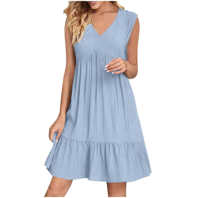 Yuyuzo Robes d'Été pour Femmes Sans Manches à Col en V Mini Robe T-Shirt Plissée à Volants Fluide Plage Vacances Robes d'Été