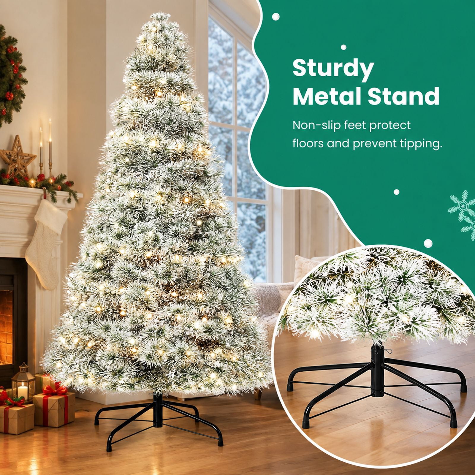 Alvantor 6FT Flocked Prelit Artificial Christmas Tree with 700 Branch Tips & 250 Lights