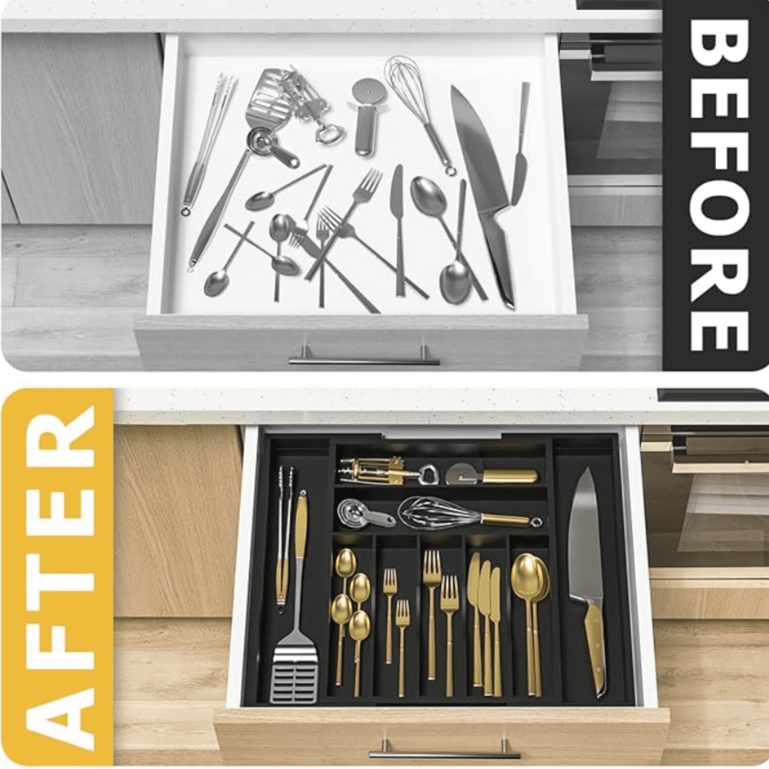 Utensil Organizer Silverware Drawer Organizer - Bamboo Expandable Cutlery Tray with Dividers for Utensil Holder Office Storage Makeup Desk Drawer Tool Organization W13.5"-19.5" x L17.5" x H2.5"(Black