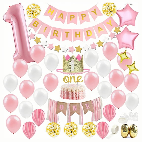1st Birthday Party Decorations: Pink and White Balloons with Number 1 Balloon, Happy Birthday Banner
