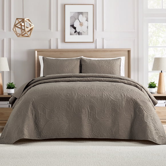 Bourina Ultrasonic Quilt Set 3-Piece Bedding Set Pre-Washed Microfiber Ultra Soft Lightweight Leaf Bedspread Coverlet Set for All Season, King,Taupe