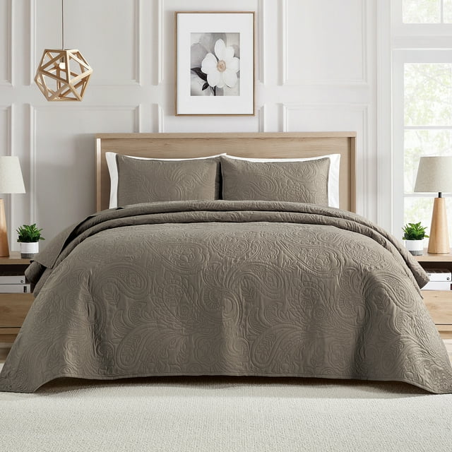 Bourina Ultrasonic Quilt Set 3-Piece Bedding Set Pre-Washed Microfiber Ultra Soft Lightweight Leaf Bedspread Coverlet Set for All Season, King,Taupe