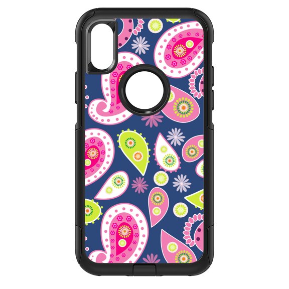 DistinctInk Custom SKIN / DECAL compatible with OtterBox Commuter for iPhone XR (6.1" Screen) - Pink Green Navy Paisley