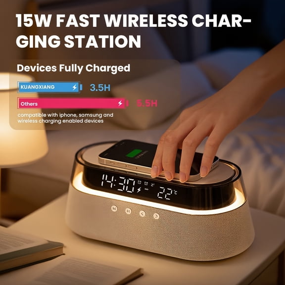 Multifunctional Alarm Clock with 15W Wireless Charger, Wireless Speaker, FM Radio, Dual Alarm, Temperature Display, RGB Night Light & USB Port