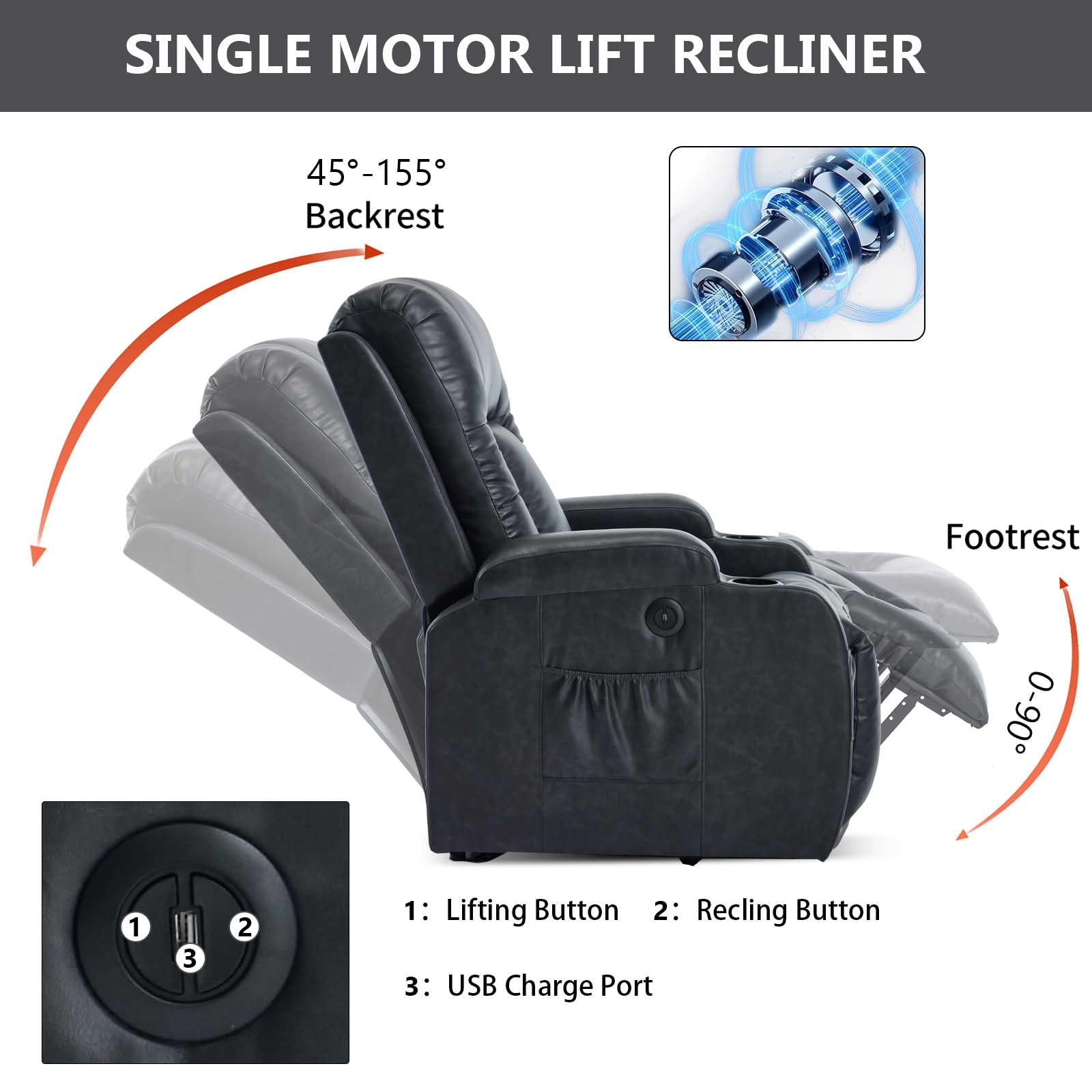 MAYEERTY Gray 350 lbs PU Power Lift Recliner Chair, 8-Point Massage Heat USB Cup Holders for Elderly Living Room