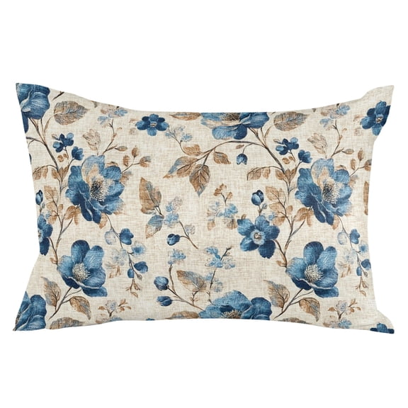 Blue Flowers Throw Pillow Cover 24 x 36 Inch Decorative Pillow Cover Spring Floral Brown Leaves Botanical Retro Beige Lumbar Pillowcase Seasonal Rectangle Cushion Case for Couch Sofa Bed Living Room