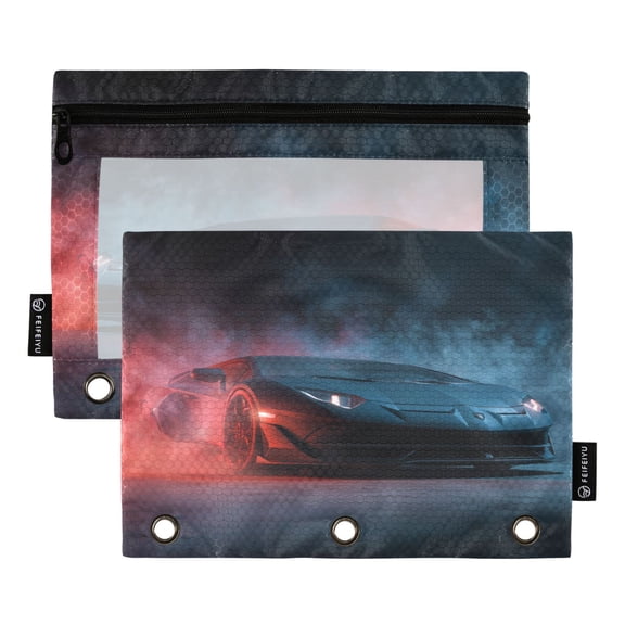 2 Pack 3 Ring Binder Pouch with Clear PVC Window Water Resistant Zipper Pencil Pouch Hyper-realistic Black Racing Car Binder Pocket for Classroom Office Home Stationery Organization