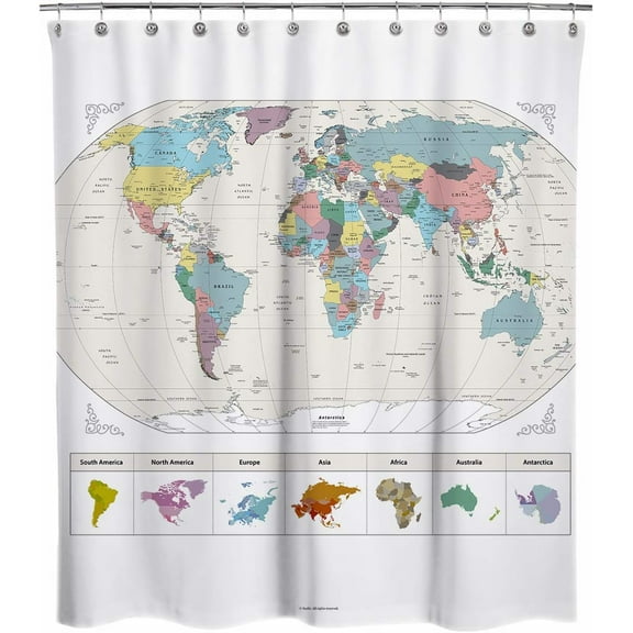 World Map Shower Curtain 66x72in Fabric Shower Curtains with 12 Plastic Hooks for Home Decor Wall Map Bathroom Curtain