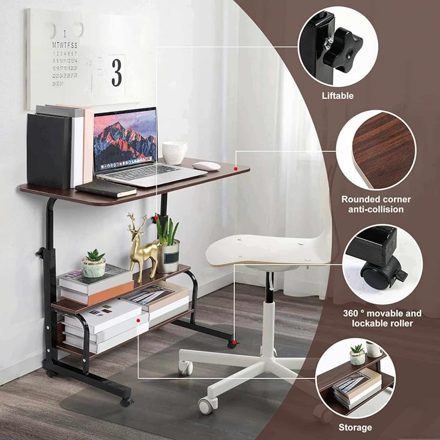 Adjustable Height Mobile Computer Desk for Small Space Rolling Writing with Wheels Corner Home Office Study Portable Bedrooms Work Desk Standing Desk