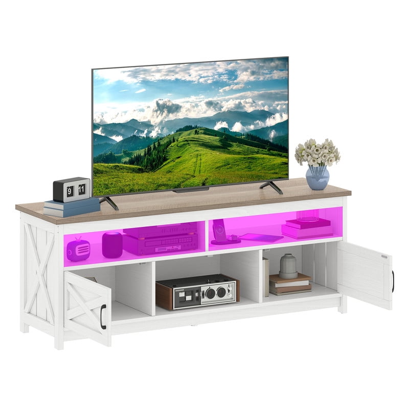 Uforic Farmhouse TV Stand up to 75 inch with Power Outlet & LED Light, Entertainment Center Media Console with Storage Shelves, Grey White