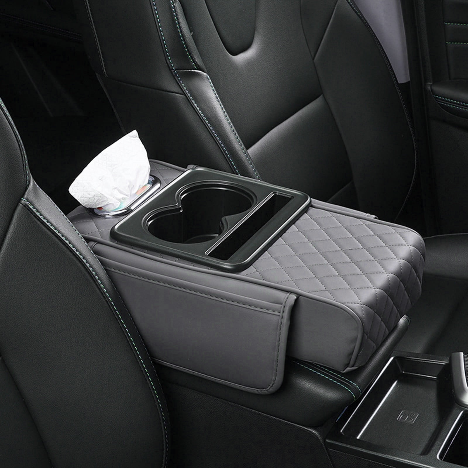 Car Accessories Interior Organizer with Armrest Cushion Cover and 2 Storage Bags for Sedans Features Cup Holder Tissue Slot and Phone Slot