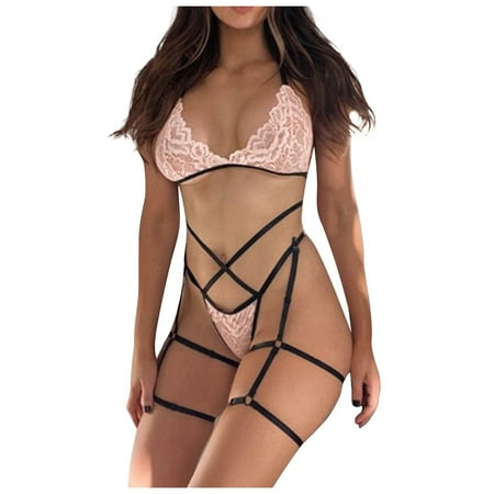 

Qcmgmg Women s Bra and Panty Set Nightwear Bandage Babydoll Lace Sexy Lingerie Set with Garter XL