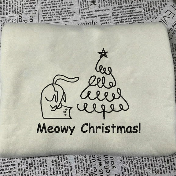 Merry Christmas Cat Embroidered Unisex T-shirt Sweatshirt Hoodie, Meowy Funny Holiday Shirt, Merry Christmas Cat Shirt, Cat Lover Shirt.