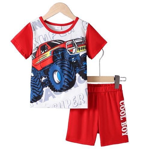 Mikrdoo Kid Boys Clothes 4Y,5Y,6Y,7Y Boys Car Print Letter Graphics Short Sleeve Casual Tee Elastic Shorts 2Pcs Summer Outfits Red 5 Years