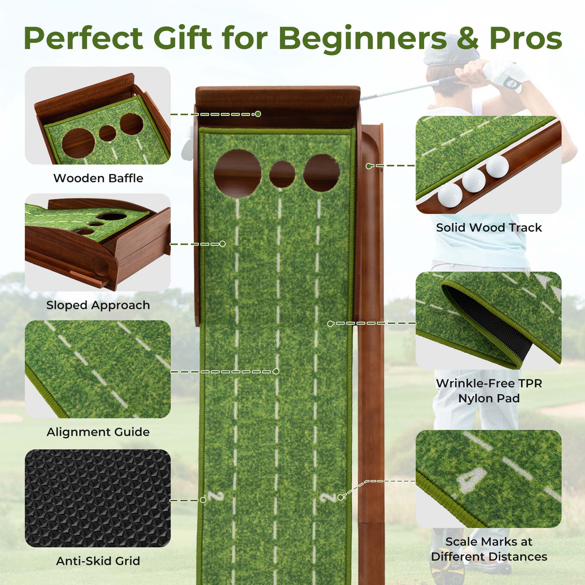 Costway Putting Green Practice Golf Putting Mat with Auto Ball Return and 3 Hole Sizes