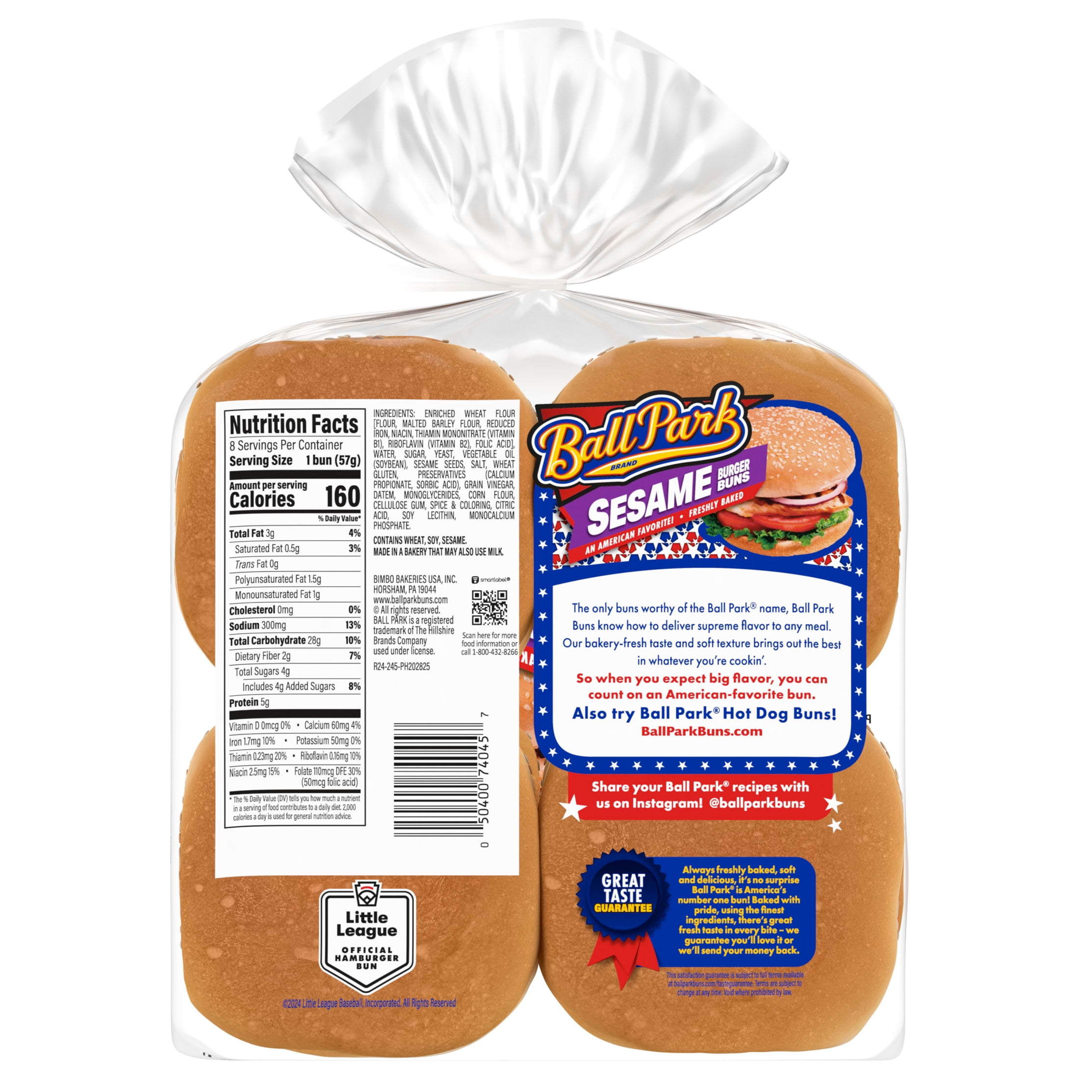 Ball Park Sesame Seed Burger Buns, 8 Count, White Hamburger Buns, 16 oz Bag