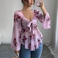 thumbnail image 4 of Tmtolofot Chiffon Tops for Women Front Bow Tie Tunic Tops Ruffle Hem Long Sleeve Shirts V Neck Floral Print Peplum Blouses Fashion Trendy Sexy Outfits 2026 Vacation Elegant Tee Top|Pink|S, 4 of 8