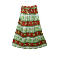 Mogul Womens Bohemian Long Skirt Red Green Elephant Print A-line Cotton Blend Comfy Boho Style Gypsy Skirts