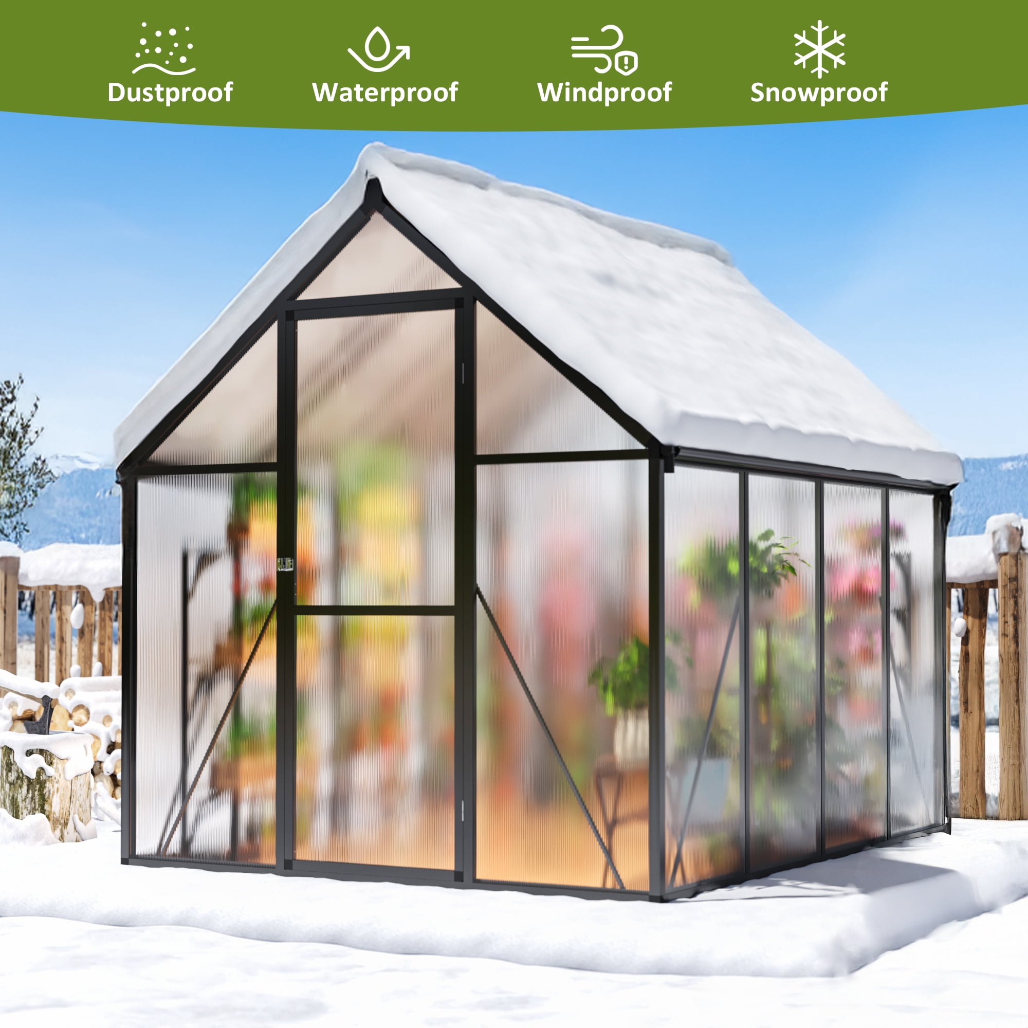 NETAJE 6'x7' Outdoor Greenhouse, Walk-in Polycarbonate Green House with Aluminum Frame for Backyard, Black