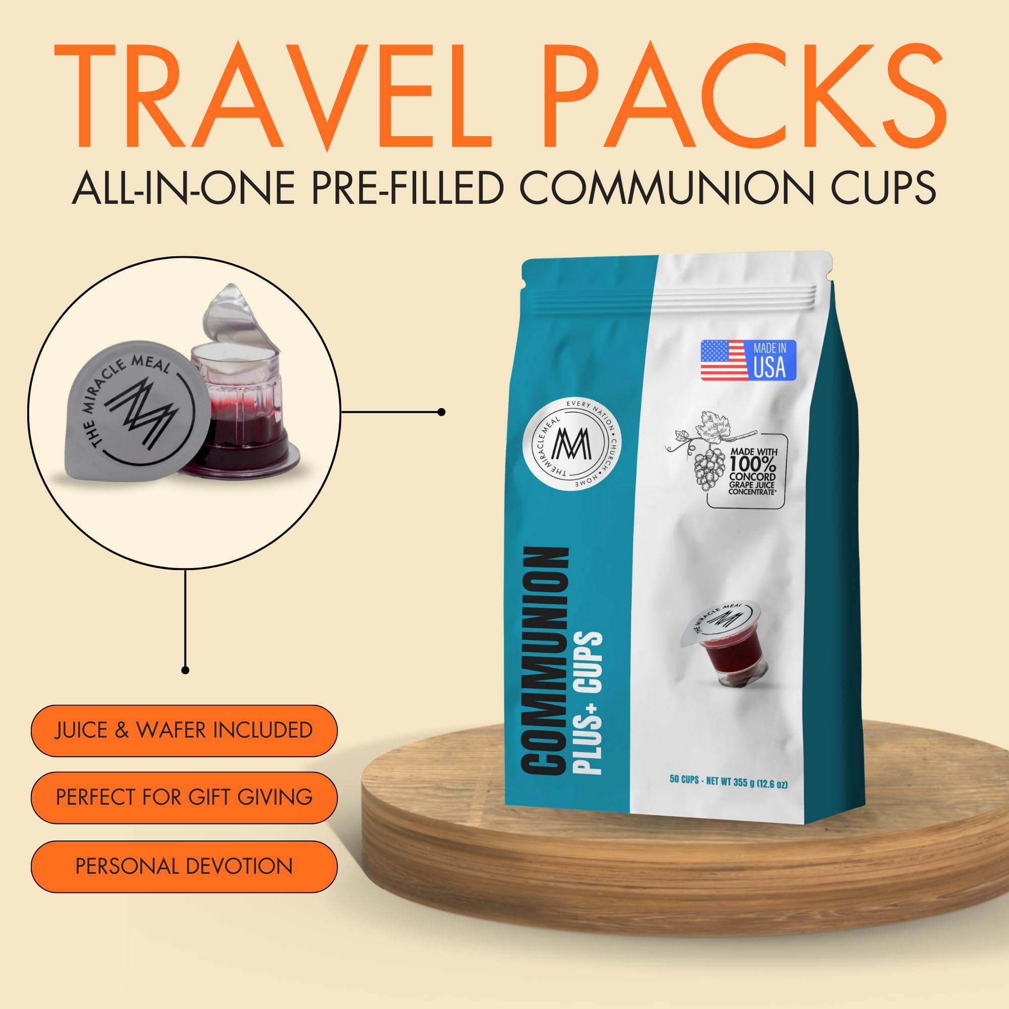 Travel Pack: The Miracle Meal Pre-Filled Communion Plus+ Cup - Bag of 50 with Wafer & 100% Grape Juice