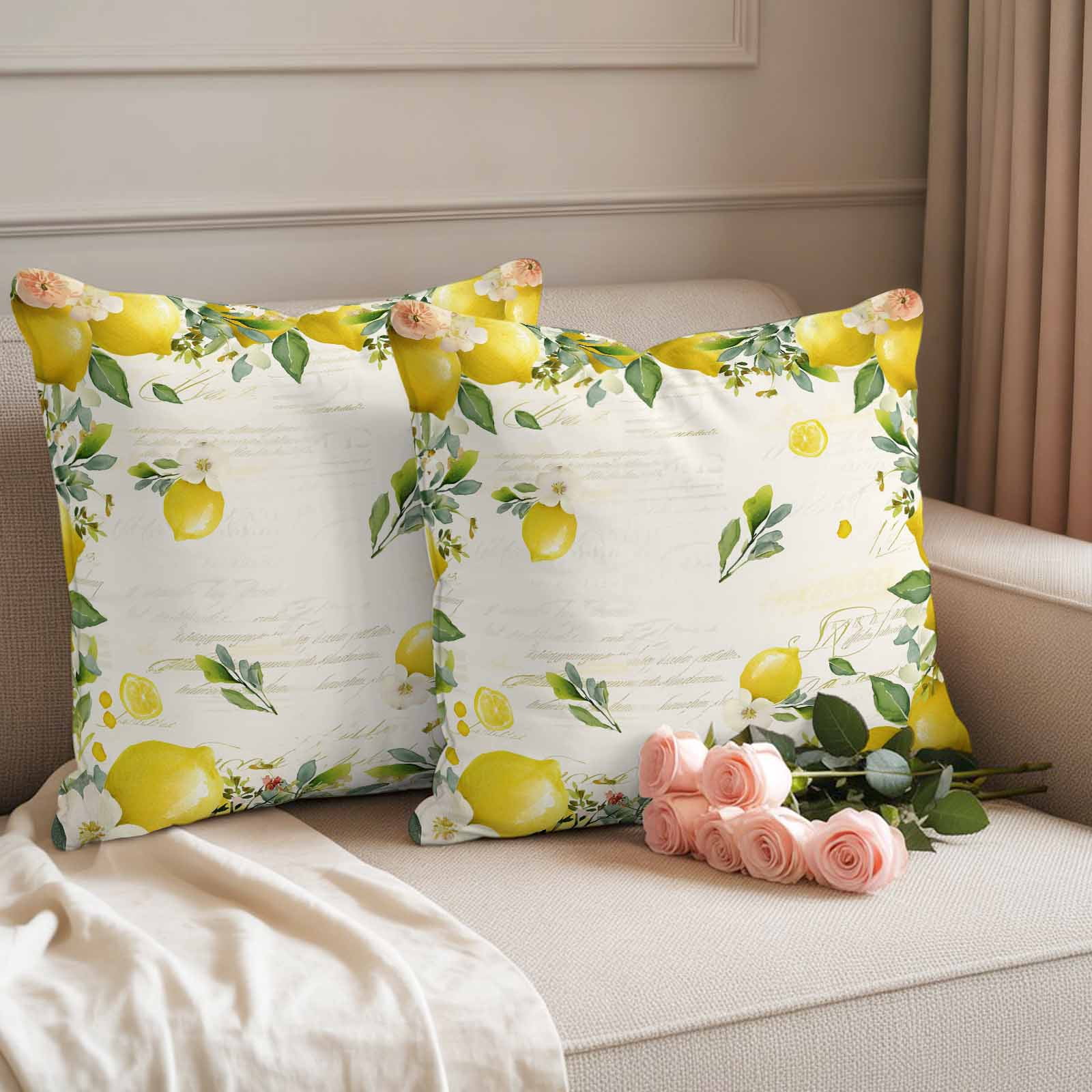 Vintage Lemon Outdoor Waterproof Pillow Covers, Summer Fruit Rustic Botanical Floral Decorative Square Throw Pillowcase Sofa Cushion Sham for Patio/Couch/Chair, 16"x16" 2 Pack