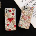 thumbnail image 6 of Compatible with iPhone 14 Pro Max Bling Case Girls Women 3D Luxury Sparkle Glitter Diamond Crystal Rhinestone Pearl Handmade Flowers Heart Soft Protective Cover Case, 6.7 Inch, Pink, 6 of 6