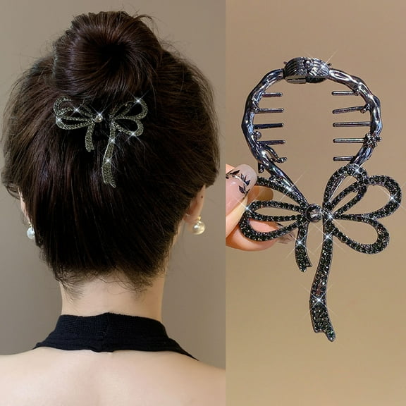 opolski Elegant Rhinestone Inlaid Bun Hair Clip Bowknot Shape Faux Pearl Ponytail Holder Anti-slip Teeth Back Head Hair Claw Headwear Black