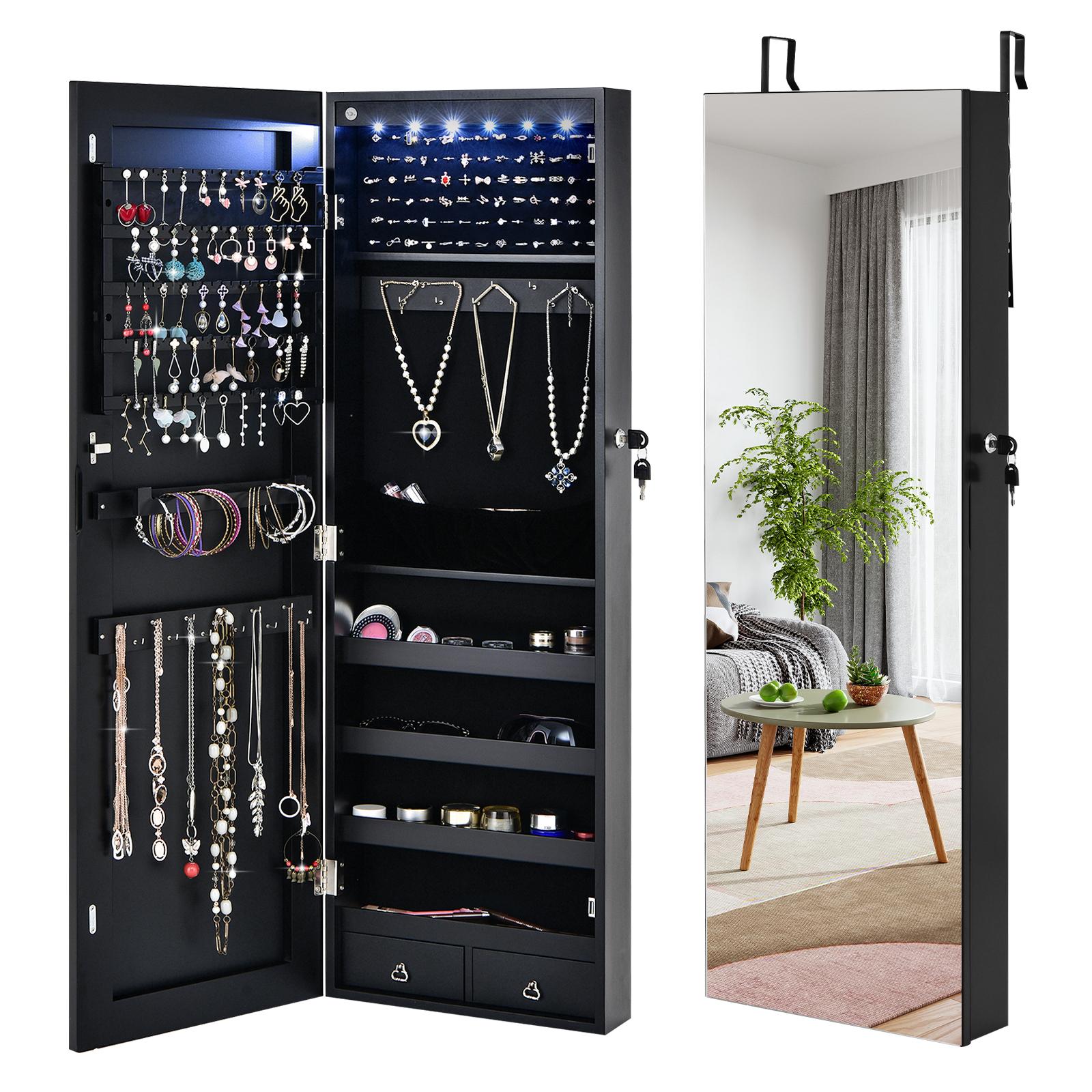 Giantex 2-in-1 Jewelry Armoire, Wall/Door Mounted Jewelry Cabinet W/Full-Length  Mirror  LED Light, Lockable Jewelry Organizer W/Large Storage Space, Black 