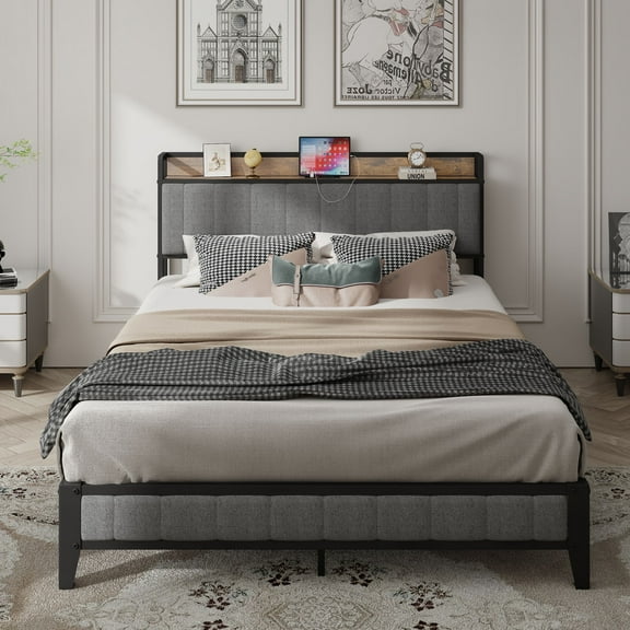 PAPROOS Full Bed Frame with Storage Headboard and Charging Station, Full Size Upholstered Platform Bed, No Box Spring Needed, Dark Gray