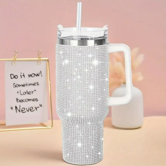 1pc Stainless Steel Rhinestone Tumbler With Straw And Handle, Flat Bottom Cup, Glitter Cups Studded Skinny Tumblers Sparkly Gifts For Women, Modern Rhinestone Decor Tumbler For Home, Hand Wash Only, R