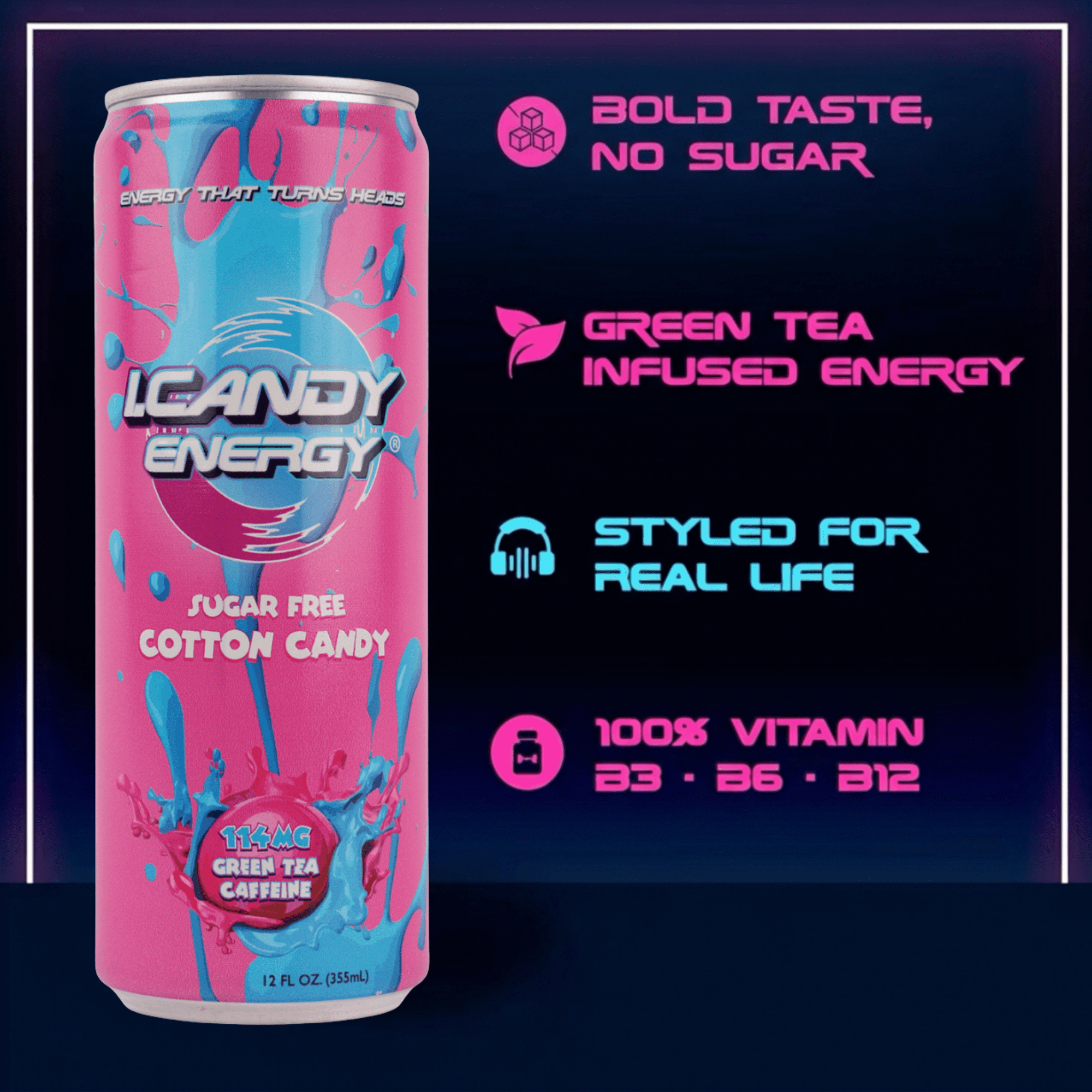 I.Candy Energy Drink, Cotton Candy Flavor, Zero Sugar & Natural Caffeine – Sugar Free Energy Drinks with B3 B6 B12 Vitamins – Bold Taste for Everyday Energy – 24 Pack, 12 fl oz