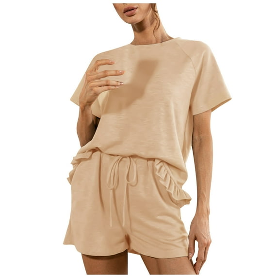 Women's 2 Pieces Outfits Solid Short Sleeve Ruffle Hem Tops and Elastic Waist Drawstring Shorts PJs Lounge Suits