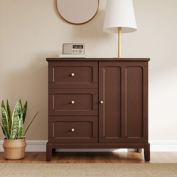 Buffet Sideboard, 3-Drawer and Door Accent Cabinet, Solid Wood Legs for Kitchen, Living Room, Green