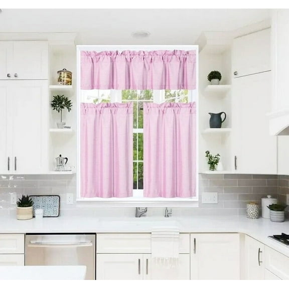 3-Piece 7LO LIGHT PINK Blackout Rod Pocket Kitchen Curtain Set, Two (2) Geometric Design Tier Panels with One (1) Matching Swag Valance Included