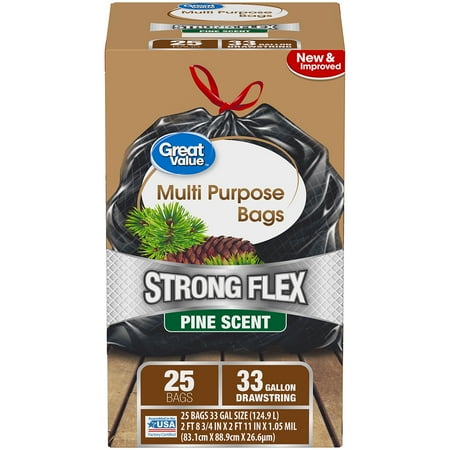 Great Gifts Under 25 Great Value Strong Flex Multi-Purpose Drawstring Trash Bags, Pine Scent, 33 Gallon, 25 Count ()