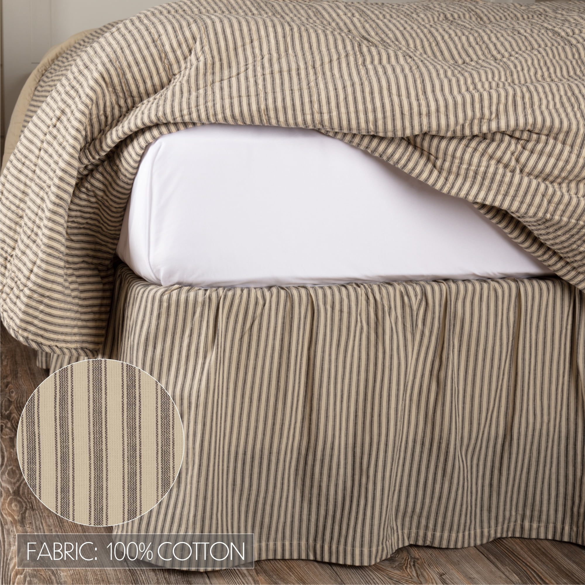 VHC Brands Sawyer Mill Ticking Striped Cotton Farmhouse Split Corners Gathered King Bed Skirt, 78x80x16, Charcoal Dark Creme White